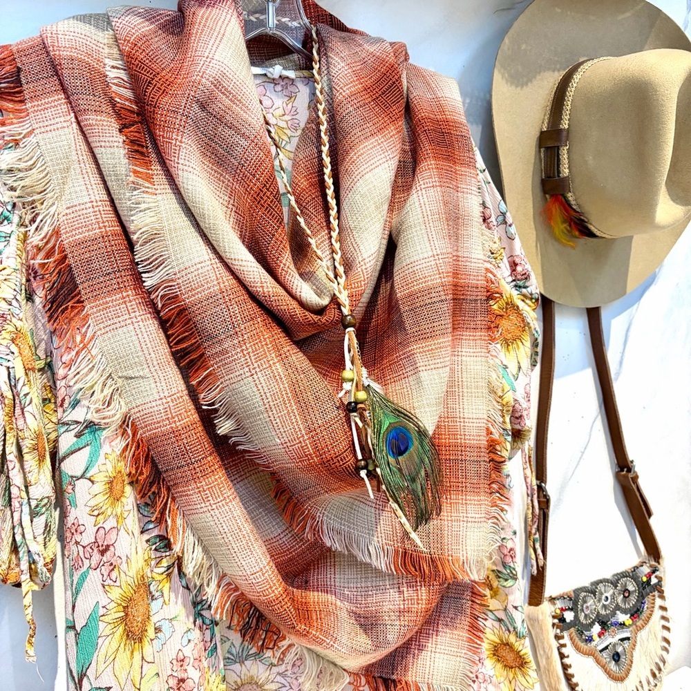 Farmhouses vibe boho plaid blanket scarf w cabin cottage vibe - Picture 5 of 16